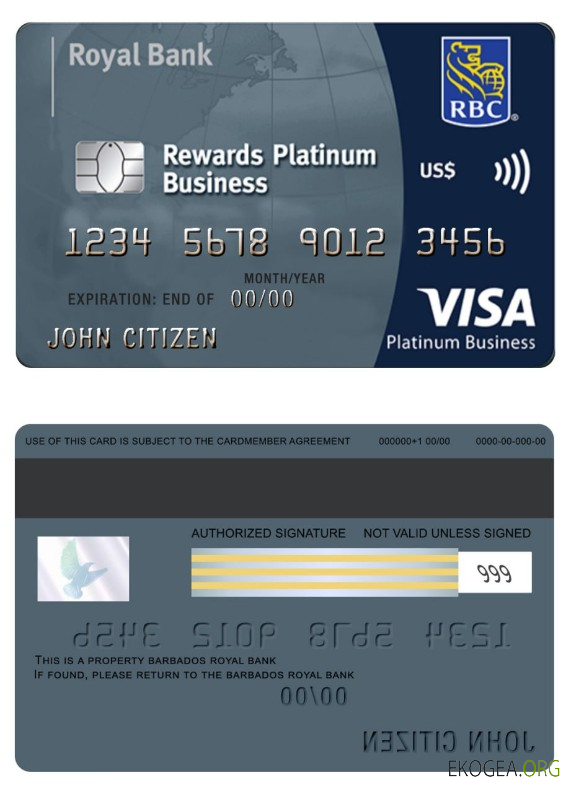 Carte de platine professionnelle visa de la Banque Royale de la Barbade
